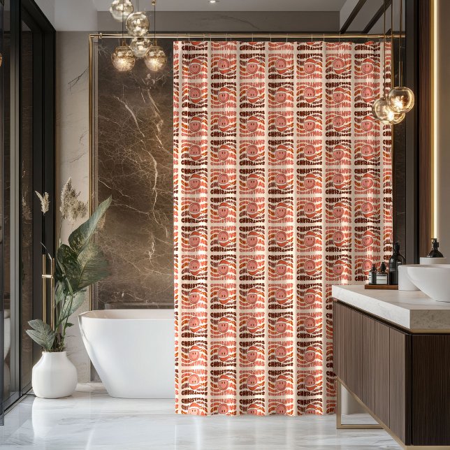 Pastel Xmas Groovy Retro Smiling Emoticons 70th Duschvorhang (Pastel Xmas Curtain Groovy Retro Bathroom Accent)