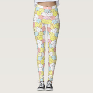 PASTEL YELLOW BLUE PINK NIEDLICHE ILLUSTRIERTE KAT LEGGINGS