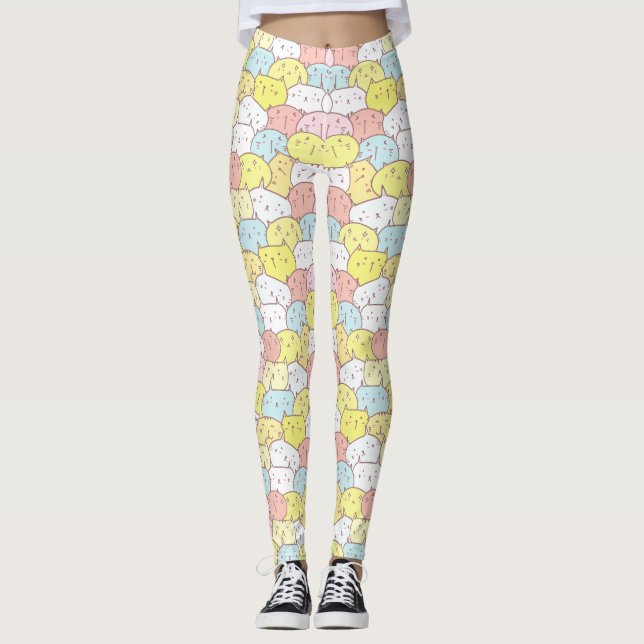 PASTEL YELLOW BLUE PINK NIEDLICHE ILLUSTRIERTE KAT LEGGINGS (Vorderseite)