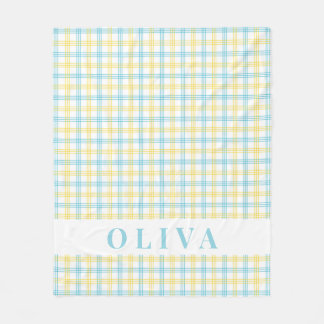 Pastel Yellow Blue Plaid Custom Name Fleecedecke