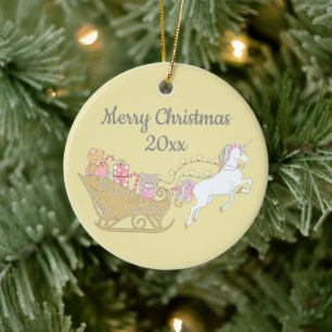 Pastel Yellow Christmas Unicorn Sleigh Keramik Ornament