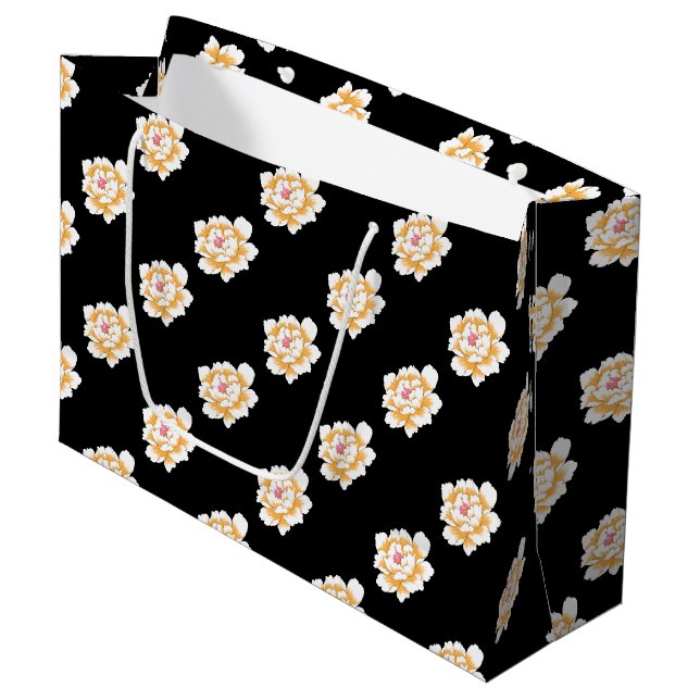 PASTEL YELLOW PEONY PATTERN GROßE GESCHENKTÜTE (Vorderseite Schrägansicht)