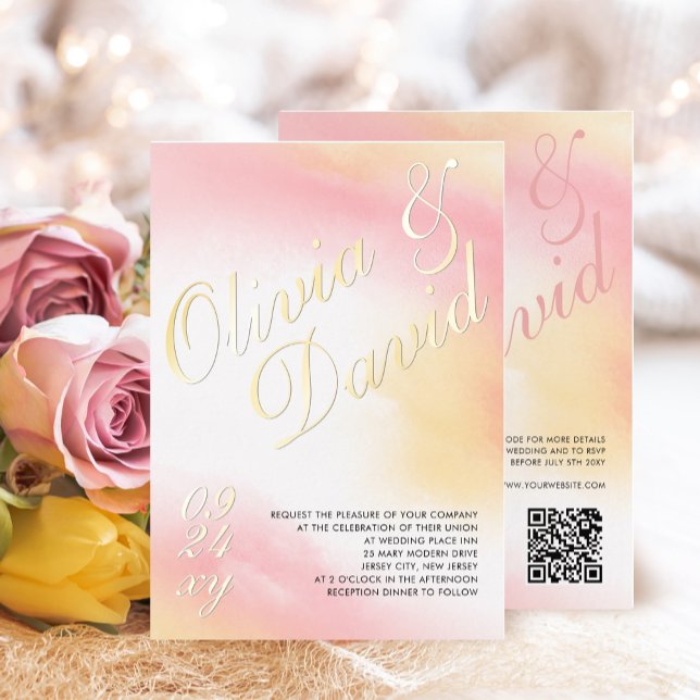 Pastel Yellow Pink UAWG QR Hochzeit Folieneinladung (Von Creator hochgeladen)