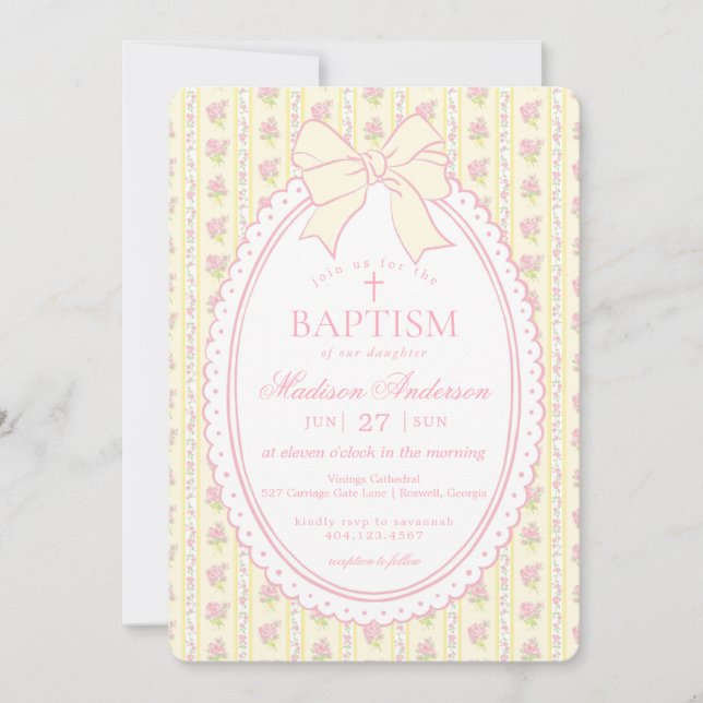 Pastel Yellow Vintage Fancy Floral Baptism Einladung (Vorderseite)