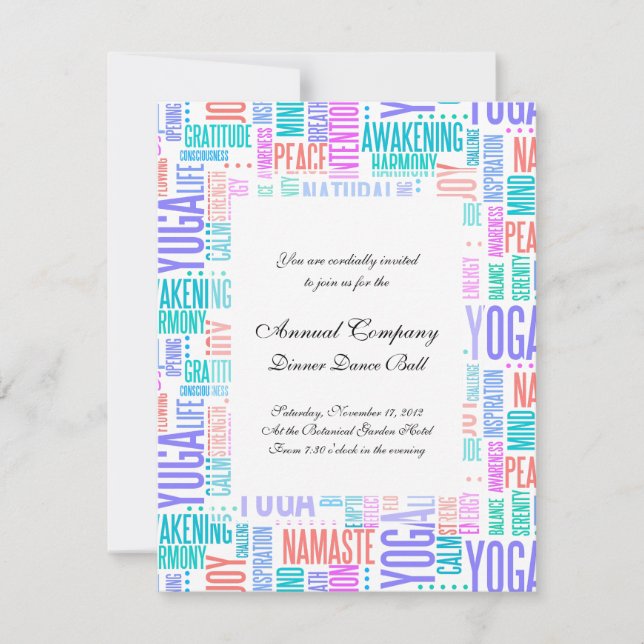 Pastel Yoga Word Cloud Elegantes Muster Einladung (Vorderseite)