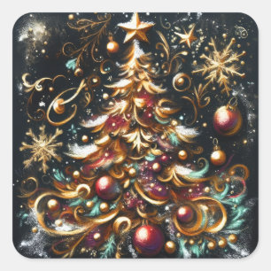 Pastel Zeichn eines Weihnachtsbaumes Whimsical Quadratischer Aufkleber