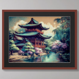 Pastel Zeichne asiatische Pagode und Landschaft Poster