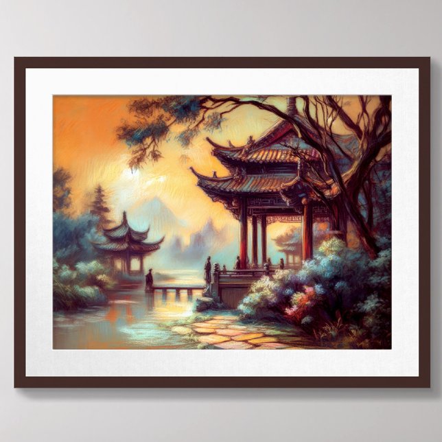 Pastel Zeichnend antikes chinesisches Pagoda-Dorf Poster (Von Creator hochgeladen)