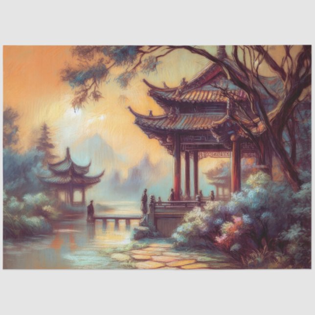 Pastel Zeichnend antikes chinesisches Pagoda-Dorf Seidenpapier (Vorderseite)