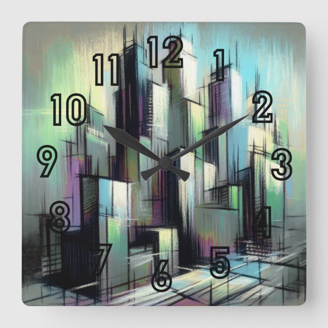 Pastel Zeichnend Futuristische Stadt Abstrakt Quadratische Wanduhr (Vorderseite)