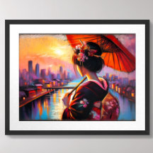 Pastel Zeichnend Geisha Sunset Regenschirm
