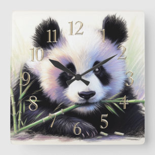 Pastel Zeichnend Panda Bamboo II Quadratische Wanduhr
