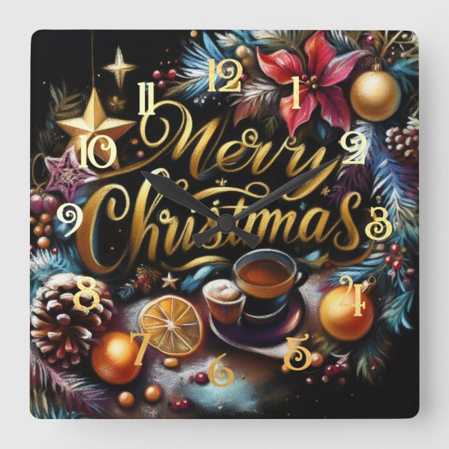 Pastel Zeichnete eines Weihnachtsbeiches Quadratische Wanduhr (Vorderseite)