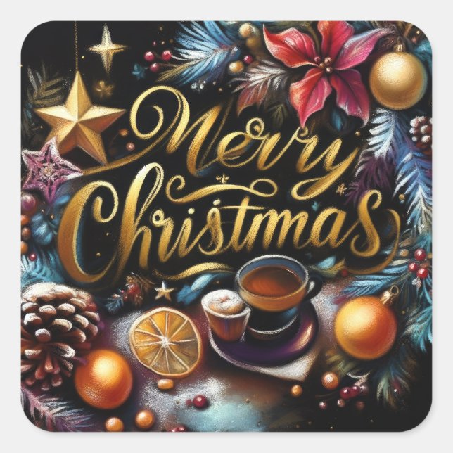 Pastel Zeichnete eines Weihnachtsbeiches Quadratischer Aufkleber (Vorderseite)