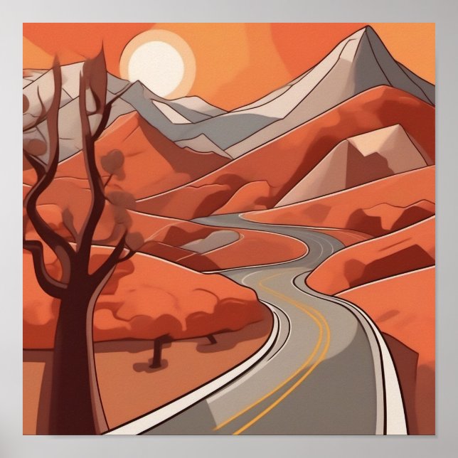 Pastelfarbe Retro Bergwelt Illustration Poster (Vorne)
