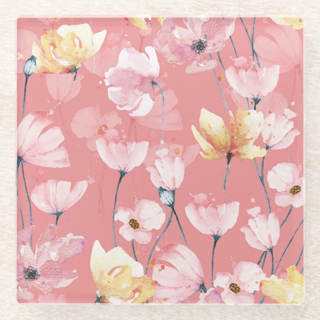 Pastelkuchen: Aquarellblüten nahtlos. Glasuntersetzer (Vorderseite)