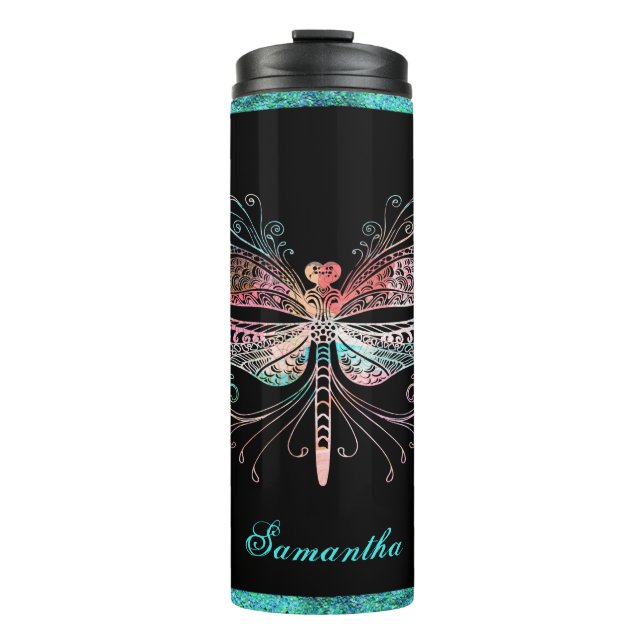 Pastell Abstrakt Dragonfly Black Thermosbecher (Vorderseite)