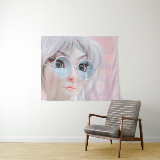 Pastell-Anime-Mädchen mit Brille und Herzen Wandteppich