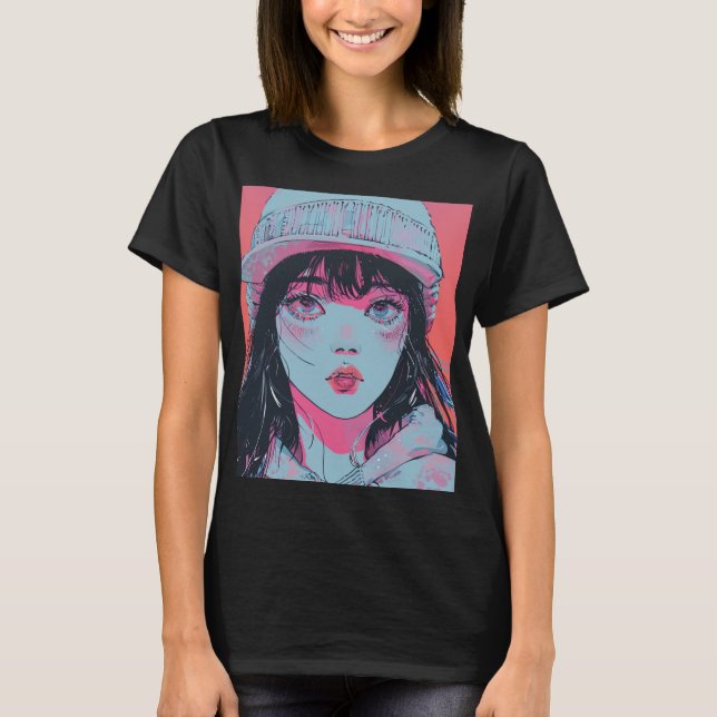 Pastell-Anime-Mädchen-mit-Strickmütze-Kunst T-Shirt (Vorderseite)