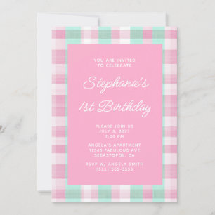 Pastell-Aqua-Rosa-Leinen-Gingham 1. Geburtstag Einladung