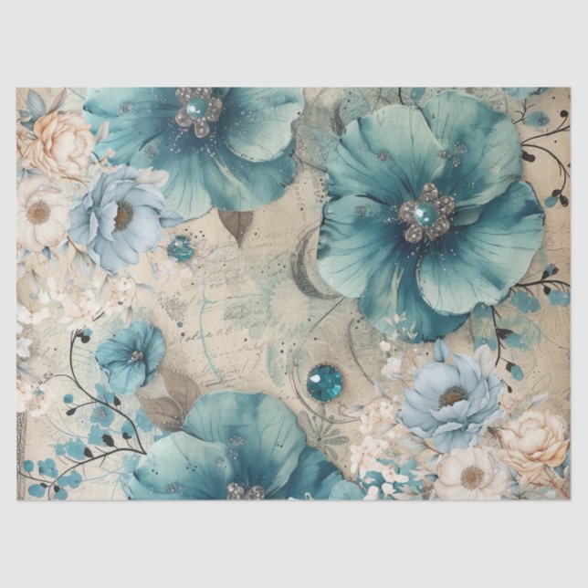 Pastell Aquamarin & Blue Watercolor Florals Tissue Seidenpapier (Vorderseite)