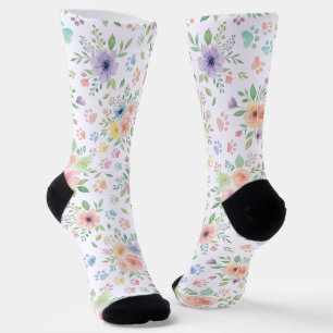 Pastell-Aquarell-Blumen- & Pfotenabdruck-Crew Sock Socken