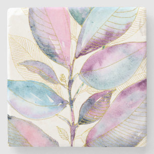 Pastell-Aquarell-Botanik-Blätter-Spiralblock Steinuntersetzer