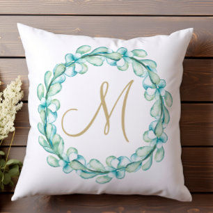 Pastell-Aquarell-Eukalyptus-Kranz-Monogramm Kissen