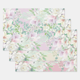 Pastell-Aquarell-Lavendel, Rosa und Weiße Blumen Geschenkpapier Set