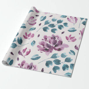 Pastell-Aquarell Lila Pfingstrose und Türkis Botan Geschenkpapier