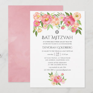 Pastell-Aquarell-Pfingstrosen Bat Mitzwa Einladung