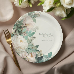 Pastell-Aquarell-Rosen-Pfingstrosen-Blumenhochzeit Pappteller