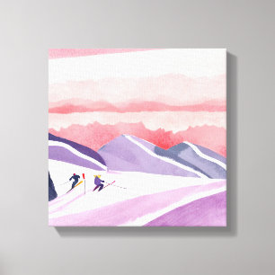 Pastell-Aquarell-Ski-Berg-Sonnenuntergang Leinwanddruck