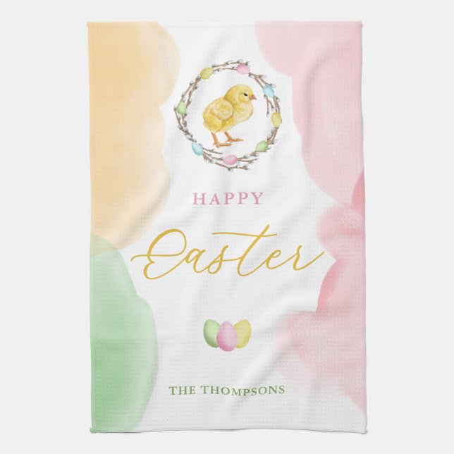 Pastell-Aquarell-Spritzer und Küken Frohe Ostern Geschirrtuch (Vertikal)