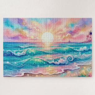 Pastell-Aquarell-Tropischer-Ozean-Sonnenuntergang- Puzzle