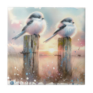 Pastell-Aquarell-Vögel Zaunpfosten Sonnenuntergang Fliese