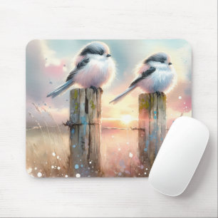 Pastell-Aquarell-Vögel Zaunpfosten Sonnenuntergang Mousepad