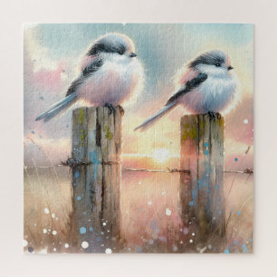 Pastell-Aquarell-Vögel Zaunpfosten Sonnenuntergang Puzzle