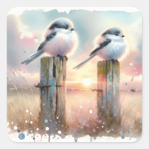 Pastell-Aquarell-Vögel Zaunpfosten Sonnenuntergang Quadratischer Aufkleber