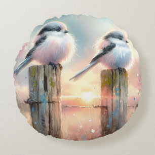 Pastell-Aquarell-Vögel Zaunpfosten Sonnenuntergang Rundes Kissen
