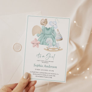 Pastell-Baby-Mädchen-Party mit sanftem blauen Klei Einladung