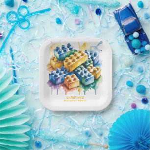 Pastell-Baustein-Splash-Jungen-Geburtstagsfeier Pappteller