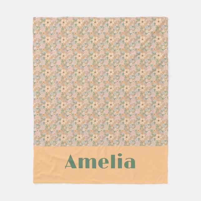 Pastell-Beige-Blumenmuster-Name Fleecedecke (Vorderseite)