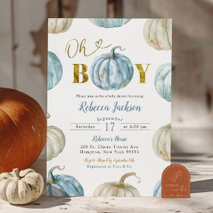 Pastell Blau Gold Oh Junge Kürbis-Baby-Party Einladung