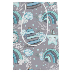 PASTELL BLAU GRAU WEISSE BABYARTIKEL MITTLERE GESCHENKTÜTE