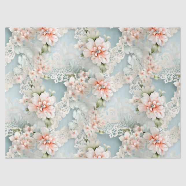 Pastell Blau & Pink Viktorianisch Florals & Lace Seidenpapier (Vorderseite)