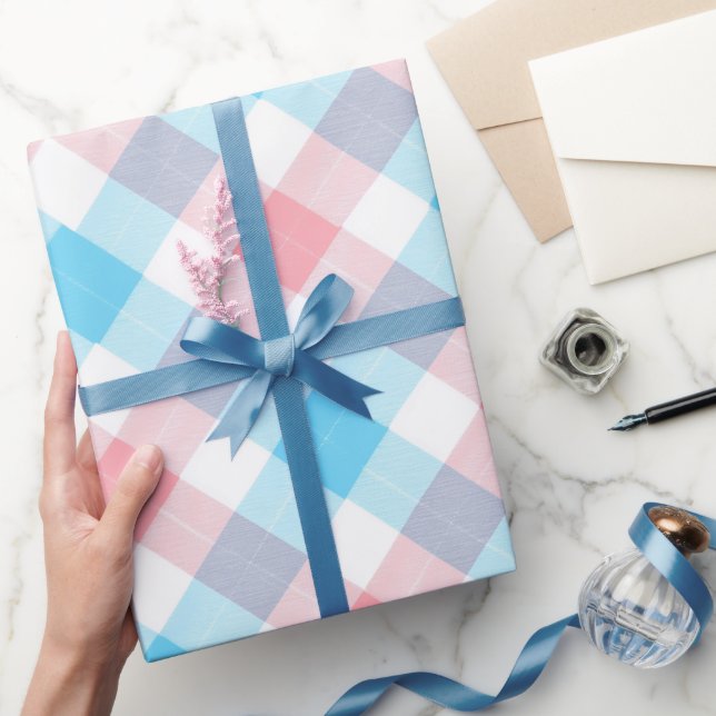 Pastell Blau Rosa Süß Gingham Weiß Karomuster Geschenkpapier (Schenken)