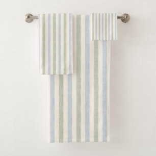 Pastell Blau-Sage-Grün Streifen Boho Farmhaus Badhandtuch Set