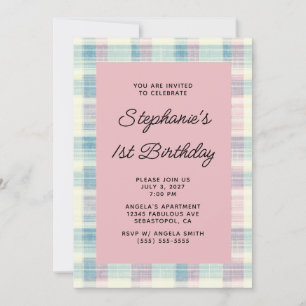 Pastell Blau und Rosa Leinen Gingham 1. Geburtstag Einladung