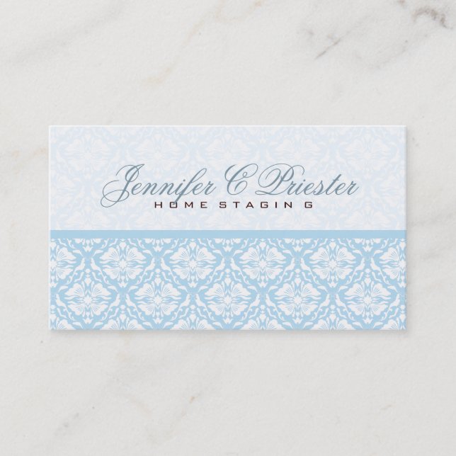 Pastell Blau und Weiß Vintage BlumenDamasken Visitenkarte (Vorderseite)